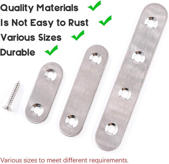 35-delige 4,1 cm/ 6,1 cm/ 10,2 cm roestvrijstalen platte rechte haakbeugels voor montage en reparatie, inclusief 80 stuks schroeven, totaal 115 stuks, zilver — afbeelding 4