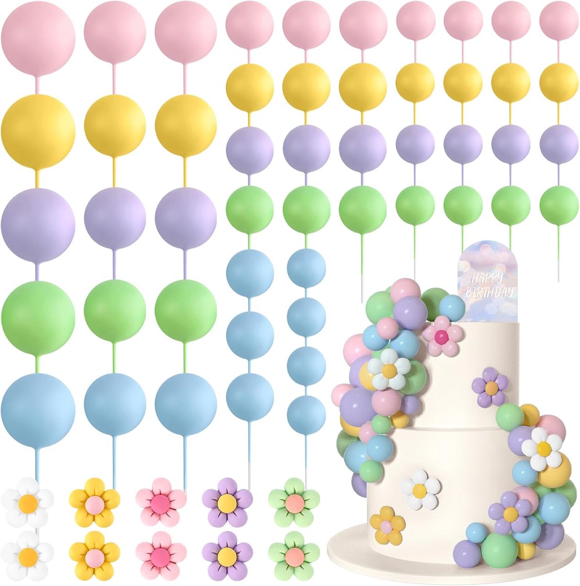 61 stuks boho taartdecoraties mini-ballon retro hippie madeliefje bloem acryl taarttopper voor verjaardagsfeestje bruiloft regenboog babyshower (lichte kleur)