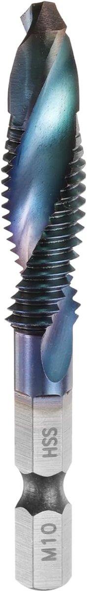 Combinatie boor en metrische schroefdraadboor M10 x 1,5 schroefdraad 1/4 inch zeskant nano-coating blauwe schroefdraadboor voor boormachine snelstaal (HSS) 4341