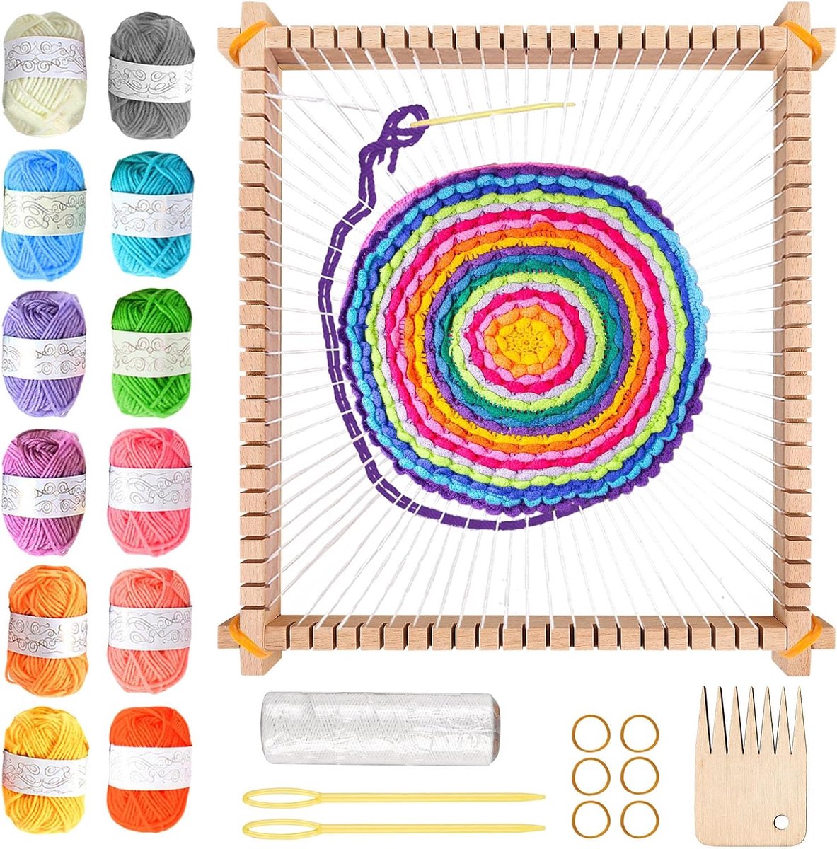 Houten weefframe, weefframe voor volwassenen en kinderen, 28 x 25 cm, 12 kleuren DIY garen, naald, weefkam, schipje, voor beginners om te weven en te ontwerpen