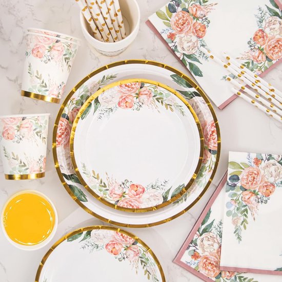 Roségoud met Bloemen, 125-Delige Set Wegwerpservies Voor Verjaardagsfeestjes: Papieren Borden, Bekers, Rietjes en Servetten — afbeelding 3