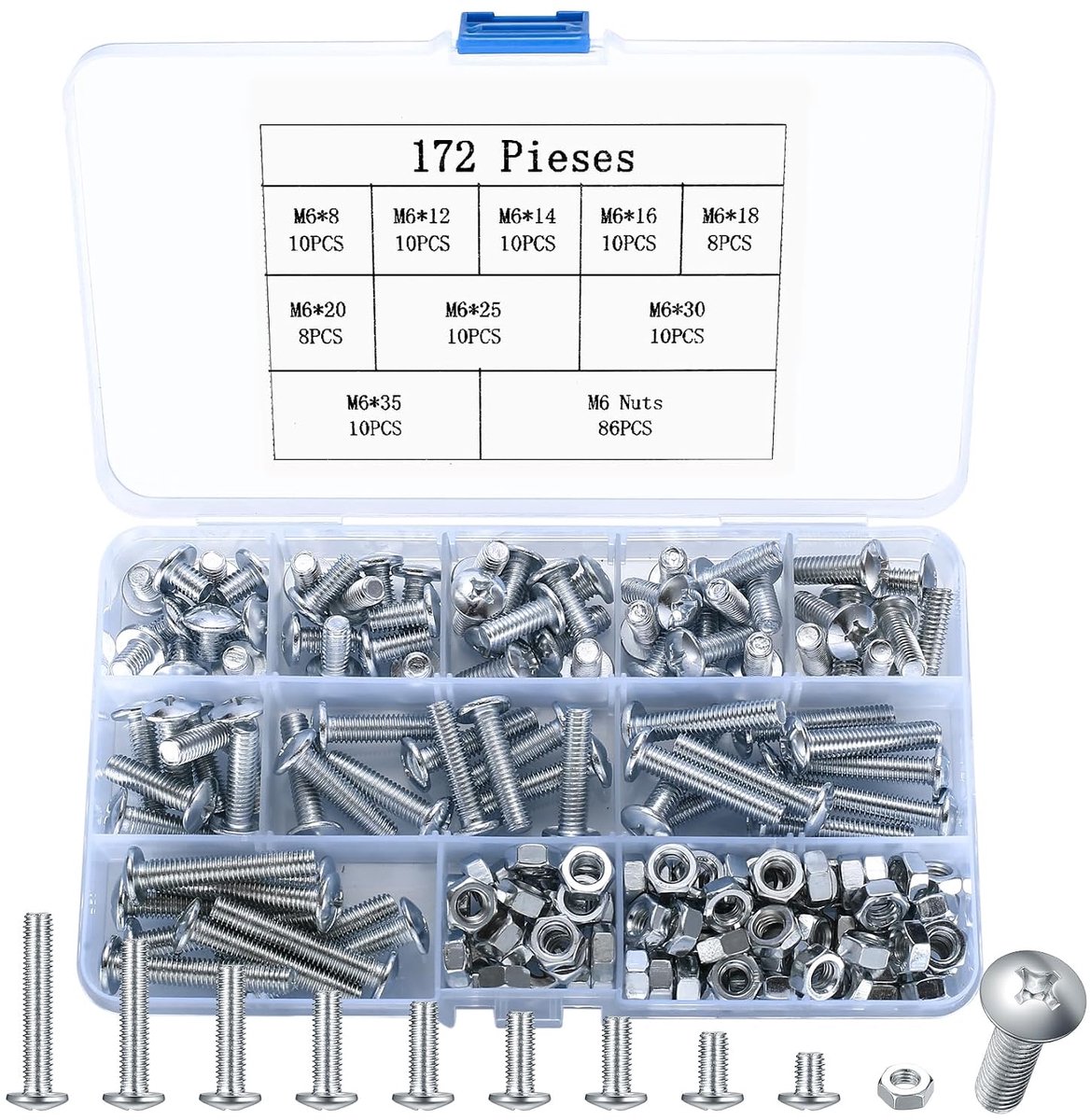 172 stuks M6 schroevenset, lenskopschroeven, moerenset, koolstofstaal, machineschroeven, assortiment, kruiskopschroeven met moeren voor reparatie, industriële fietsschroeven