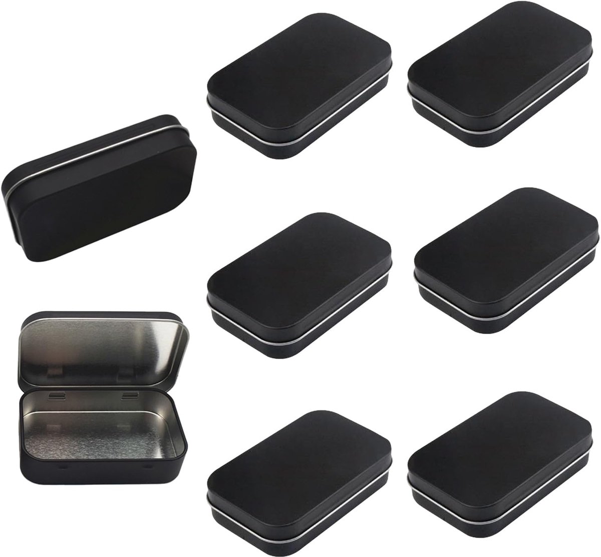 metalen blikjes, 8 stuks, kleine metalen blikjes, metalen dozen met deksel, rechthoekige blikjes met deksel, metalen tas, metalen doos met deksel, 9,5 x 6,2 x 2 cm, zwart