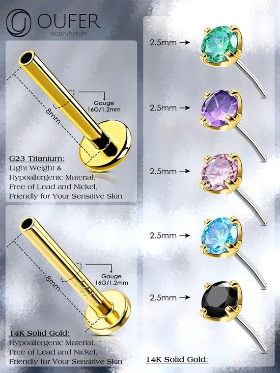 Body Piercing Threadless Lip Piercing Jewellery 14K Gold Labret Helix Piercing Stud CZ Push in Tragus Lobe Earring Piercing Bar Jewellery — afbeelding 3