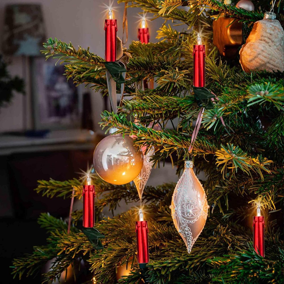 hellum 20-delige minischacht lichtketting met stekker, lichtketting kerstboom, 20 warmwitte lampen, kabel groene kaarsen rode waslook, totale lengte 12,5 m met 2 x 1,5 m voedingskabel <59 lumen 152500