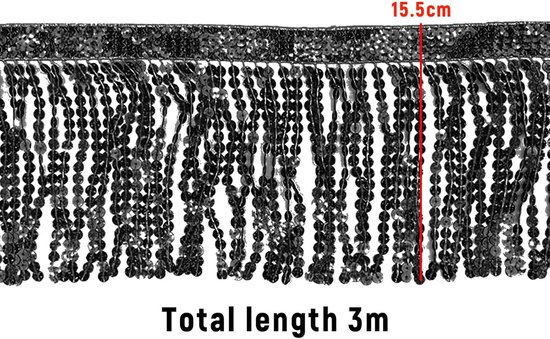 3 meter paillettenlint met kwastjes, franjes voor doe-het-zelf kleding, decoratie, gordijnen, tassen, kunsthandwerk (zwart) — afbeelding 4