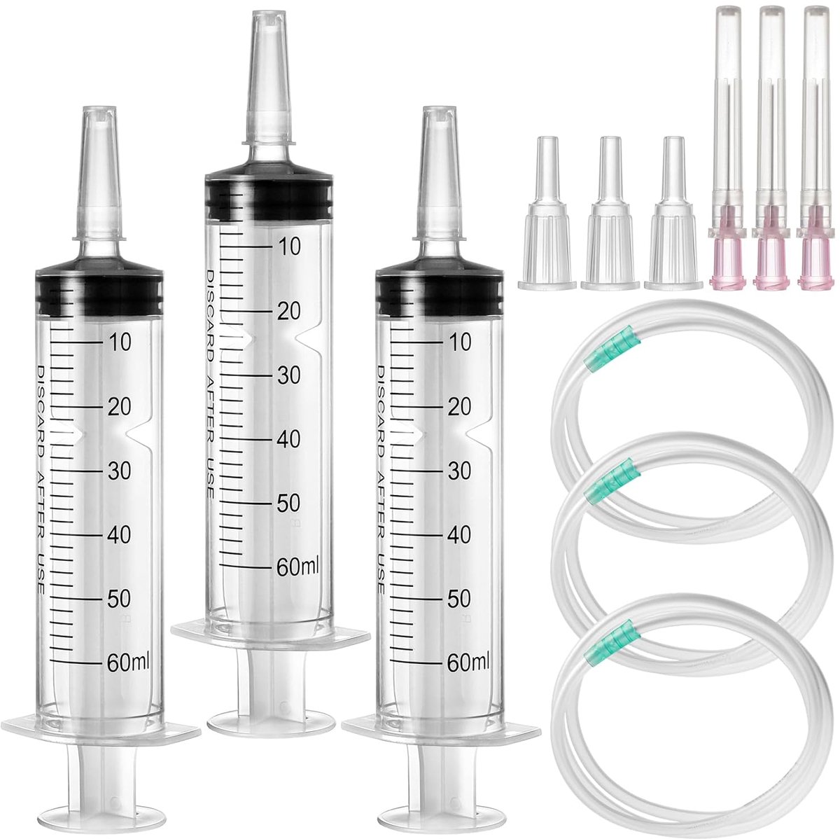 3 stuks spuiten 60 ml, herbruikbare steriele spuit met slang, spuit met stompe naald, doseerspuit, kunststof spuit voor laboratorium, diervoeding, plantenirrigatie, afzonderlijk verpakt