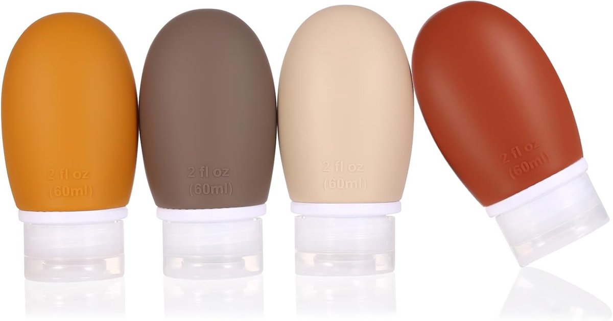 reisflessen,4 stuks 60ml lekvrije knijphervulbare draagbare lege reisflessen accessoires containers voor toiletartikelen shampoo conditioner lotion,BPA-vrij en TSA-goedgekeurd(bruin)