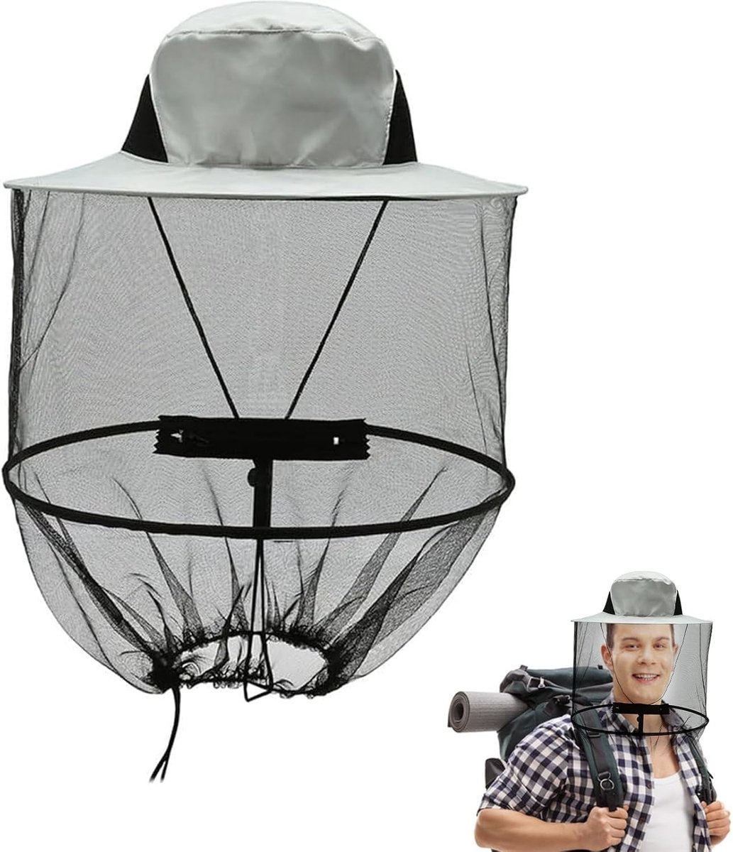 hoofdimkerhoed, hoofdnet, anti-muggennet, insectenscherm, voor mannen en vrouwen, vissen, outdoor, camping (grijs)
