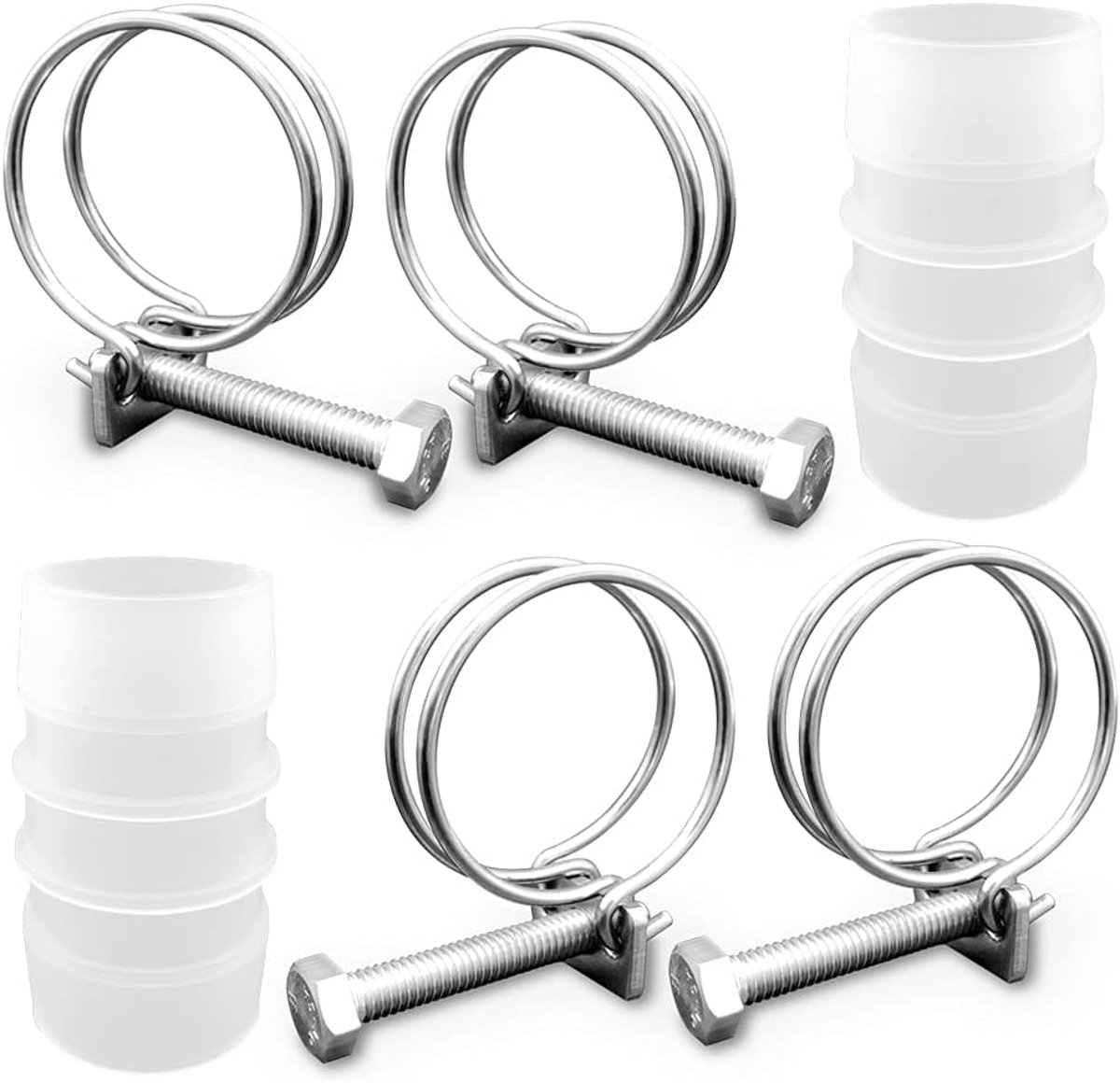 4 Stks Dubbele Draad Slang Clips met 2 Stks Inline Vijver Slang Connector Jointer | Verstelbare 304 roestvrijstalen slangklemmen, geschikt voor thuis en industrie (32 mm/ 1,25 inch)