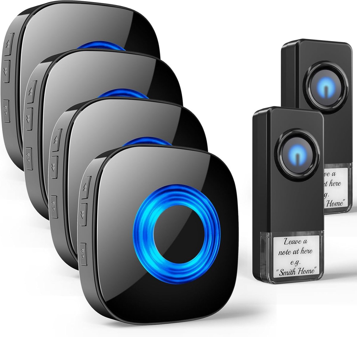 Draadloze Deurbel, IP55 Draadloze Belset voor Buiten, 400 m Bereik, Huisdeurbelset met 4 plug-in-ontvanger en 2 zender, 5 Volumeniveaus, 58 Melodieën Deurbel met Led-flitser