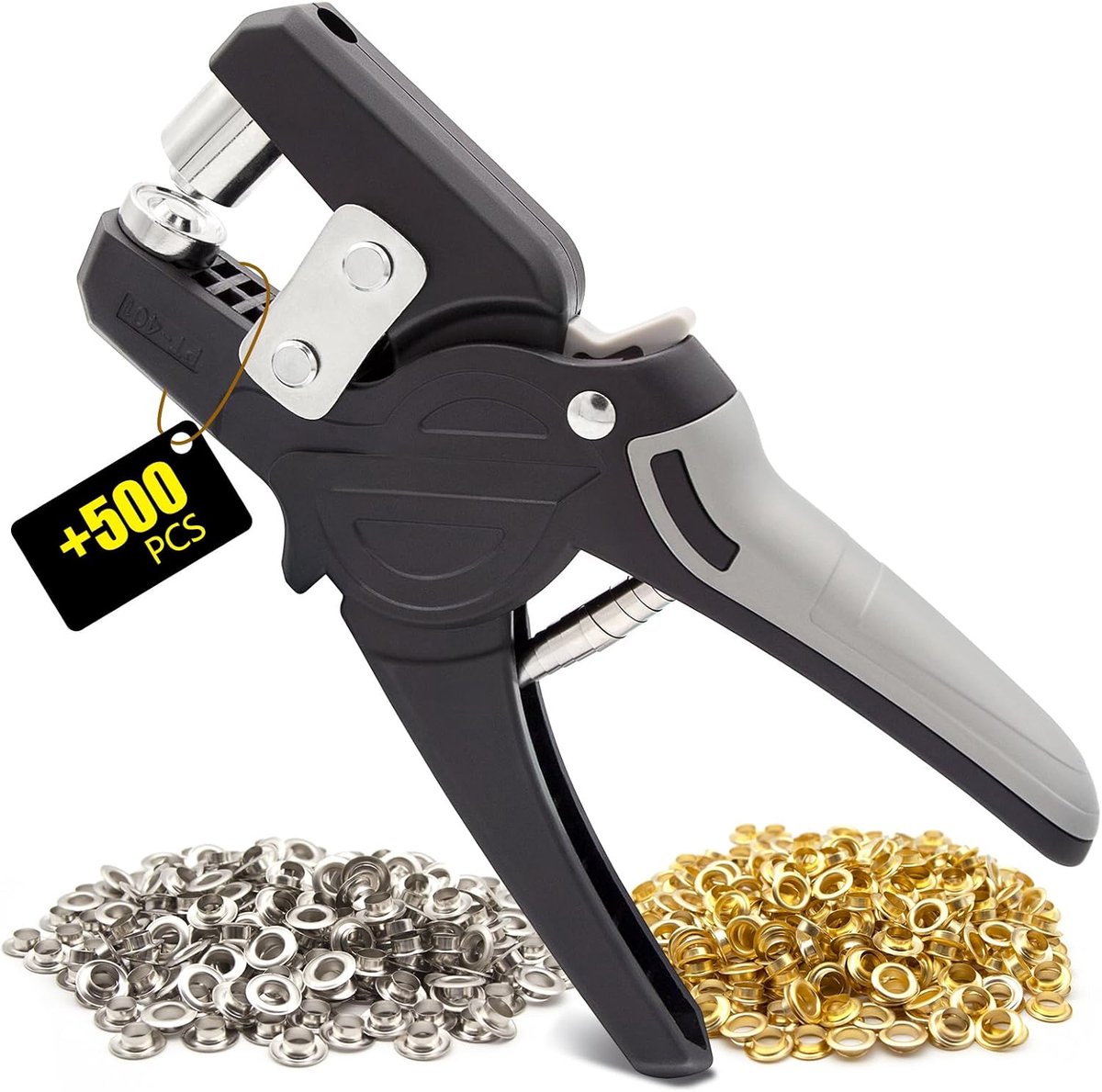 set met 500 ogen (Ø 10 mm), magnetische oogpers van gehard staal, oogtang voor dekzeilen, stoffen zonnezeilen en doe-het-zelf (grijs)