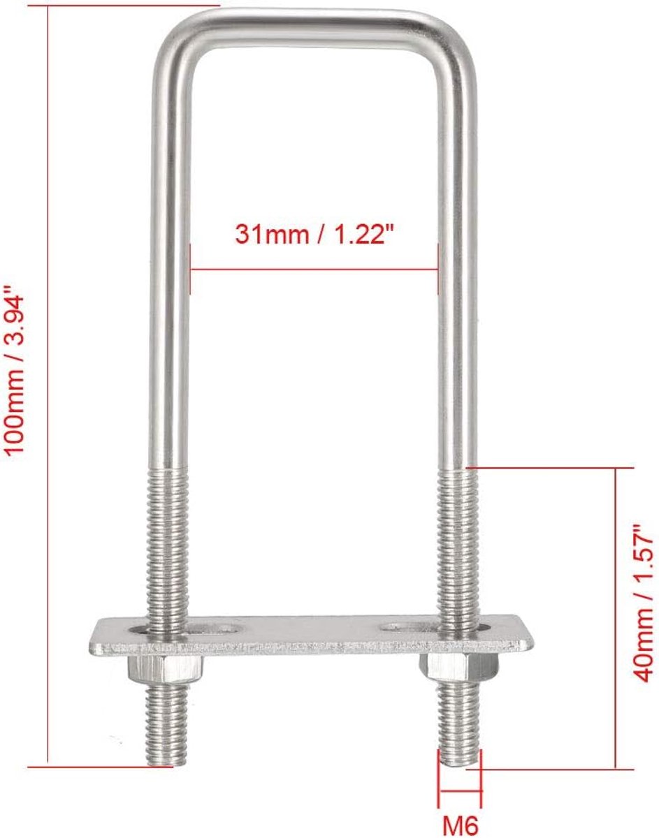 U-bouten 304 roestvrij staal met moeren M6 38 mm binnenbreedte Square,M6,31mm,2Pcs