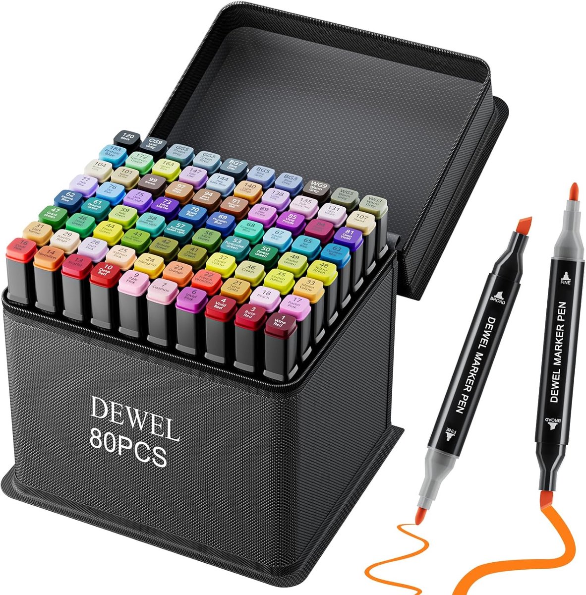 SnelShoppen - DEWEL Alcohol Markers Set 80 Kleuren, Sneldrogend, Waterbestendig, Ideaal voor Kleur- en Decoratiewerkzaamheden zoals Glas, Keramiek, St