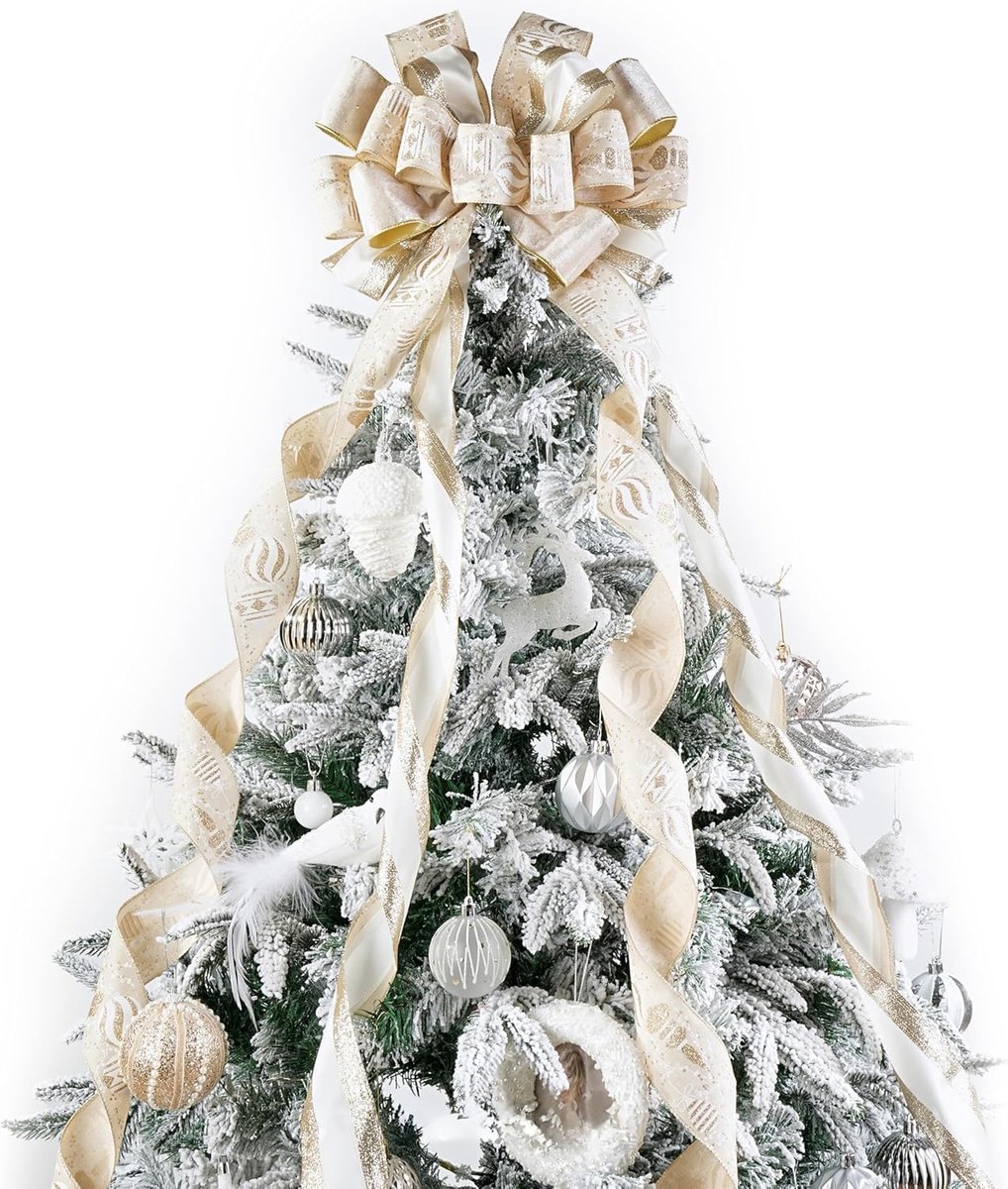 Champagne Gouden Kerstboomtop Boog, 33CM x 135CM Grote Fluwelen Kerstboog Kerstboom Top Hoed met Lint en Kerstbal Patroon voor Kerstboom Open Haard Krans Deur Huisdecoratie