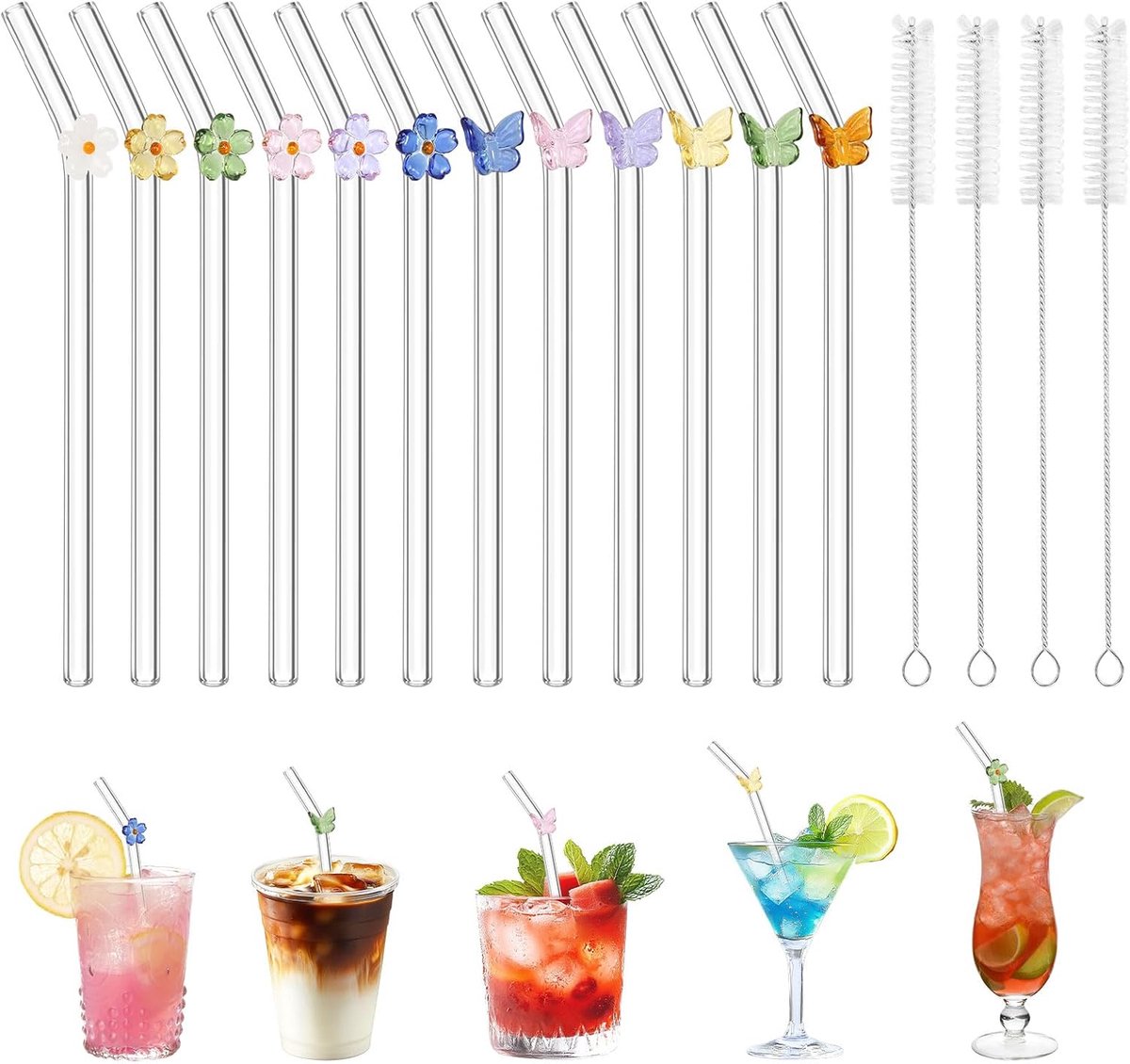 Herbruikbare glazen rietjes, gebogen glazen rietjes met reinigingsborstels, glazen rietje voor sappen, cocktails, smoothies, koffie, melk