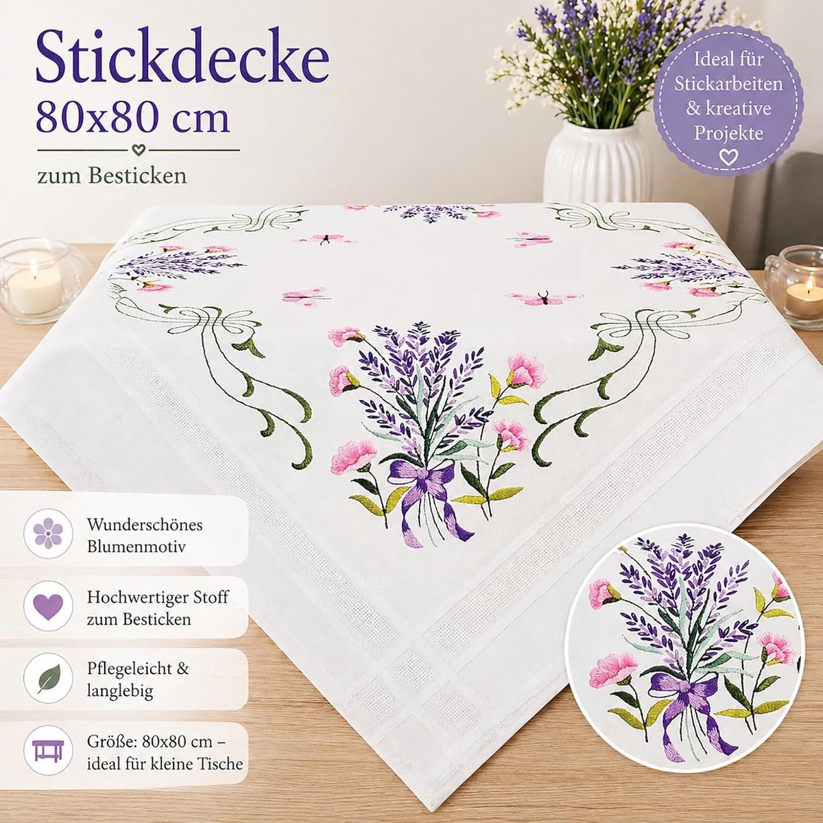 Borduurwerk, platte steekset, cartoon, katoen, complete borduurset met borduursjabloon, borduurset voor zelfborduren, volwassenen (Lavender Dream MD 80 x 80 cm)