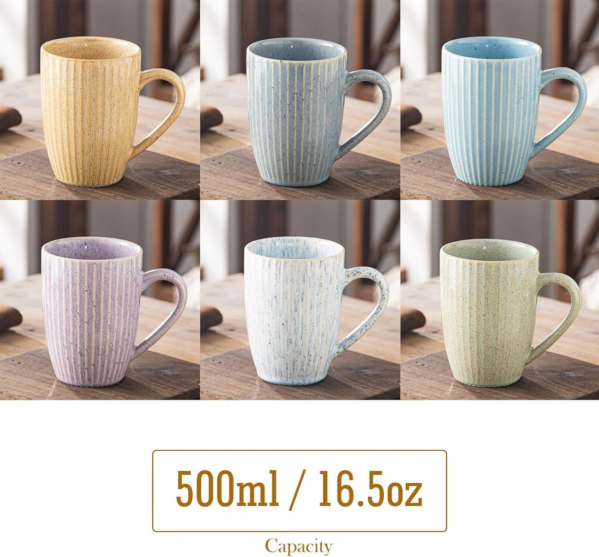 Mokken set van 6, grote koffiekopjes, keramische mok met handvat, kopjes vijand latte, thee, cappuccino - verschillende kleuren