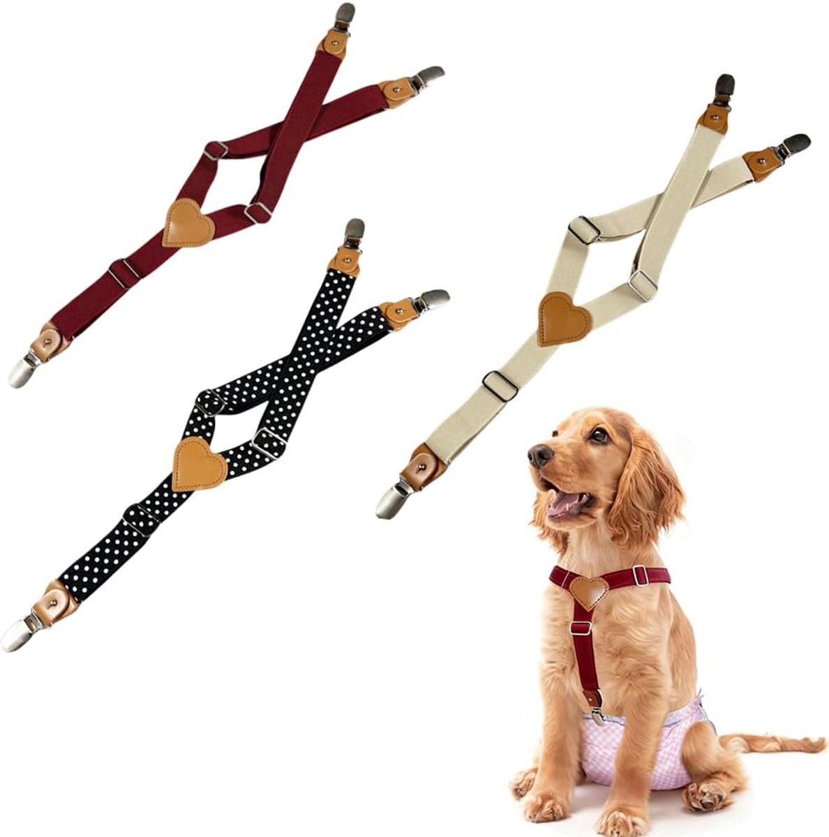 3 stuks zachte hondenbretels voor huisdieren,wijnrood,kaki,zwart met witte stippen,vrouwelijke hondenluierbretels voor hondenluierhouder,bretels voor hondenrok,hondenjurk-M