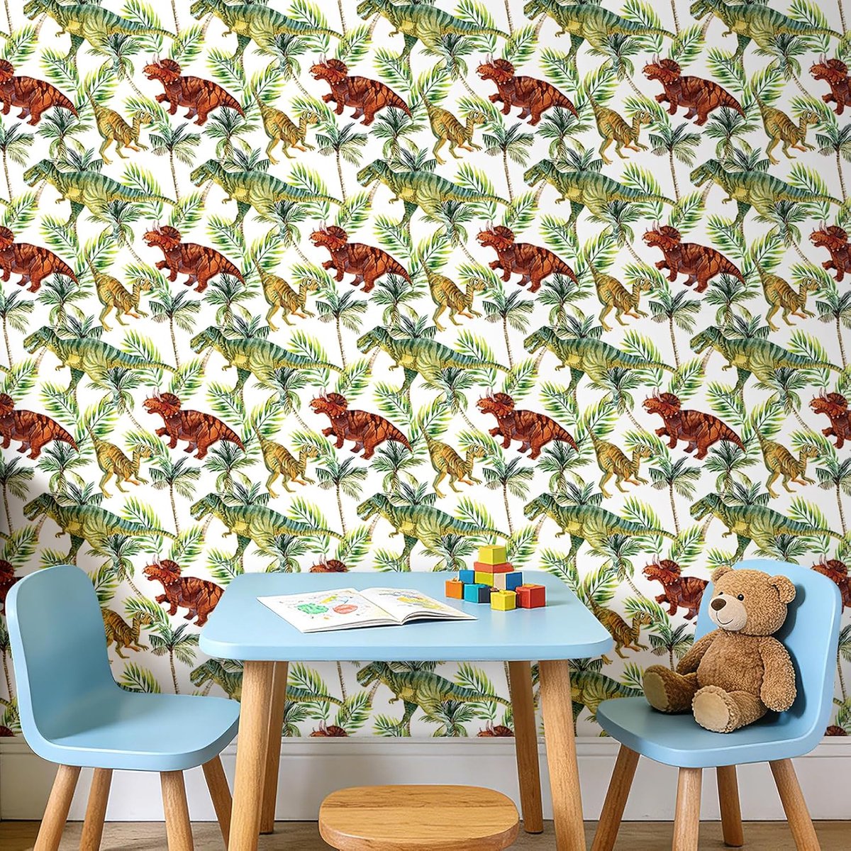 Behang voor kinderkamer, dinosaurusgroen, 44,5 x 900 cm, vinyl, meubelstickers, groen, rol, vinyl, muurstickers voor kinderen, decoratief, voor slaapkamer, badkamer, waterdicht