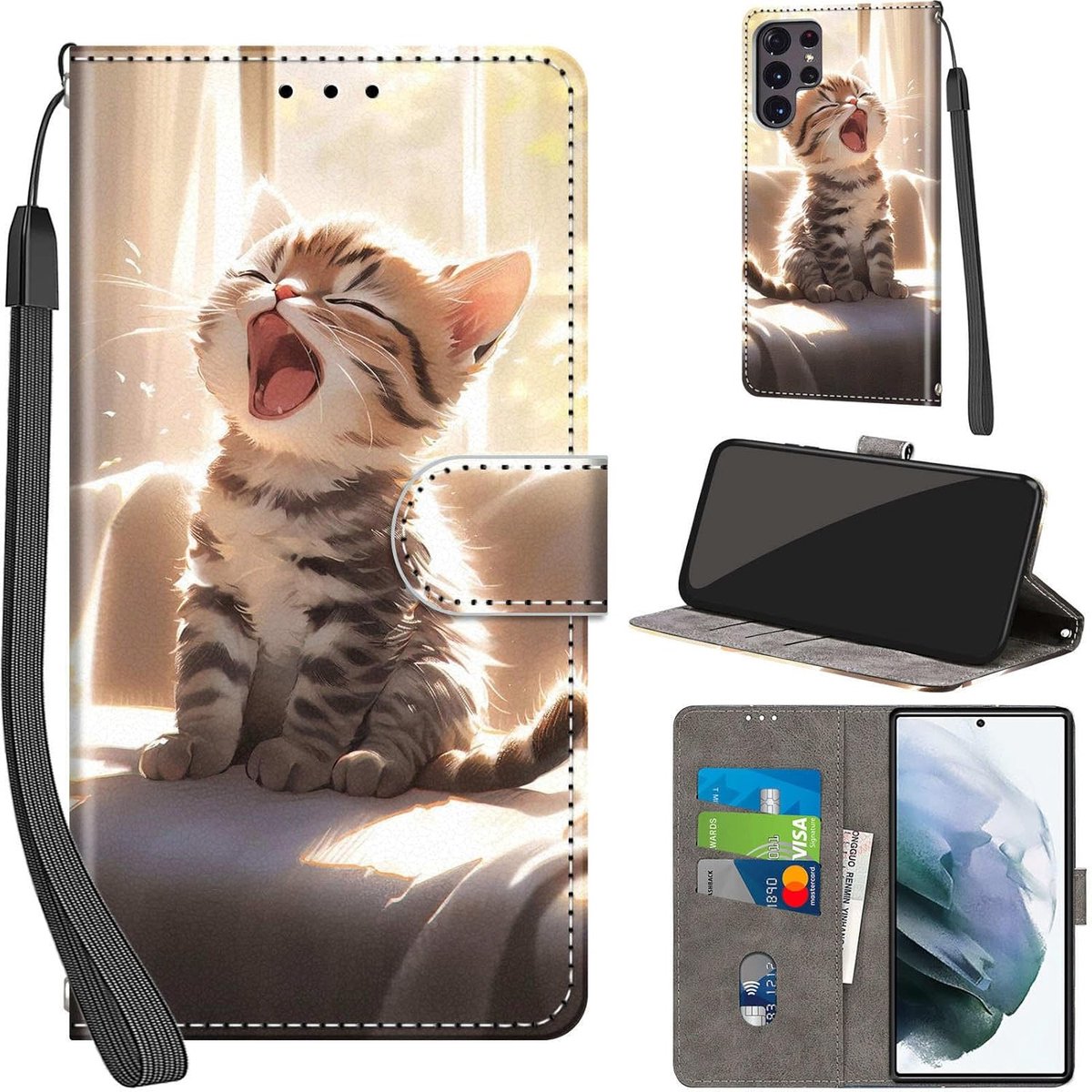 Portemonnee Telefoonhoes voor Samsung Galaxy S22 Ultra Kat | Premium Leren Inklapbaar, Meerdere kaartvakken & Verstelbare standfunctie, Magneet Beschermhoes voor Samsung S22 Ultra