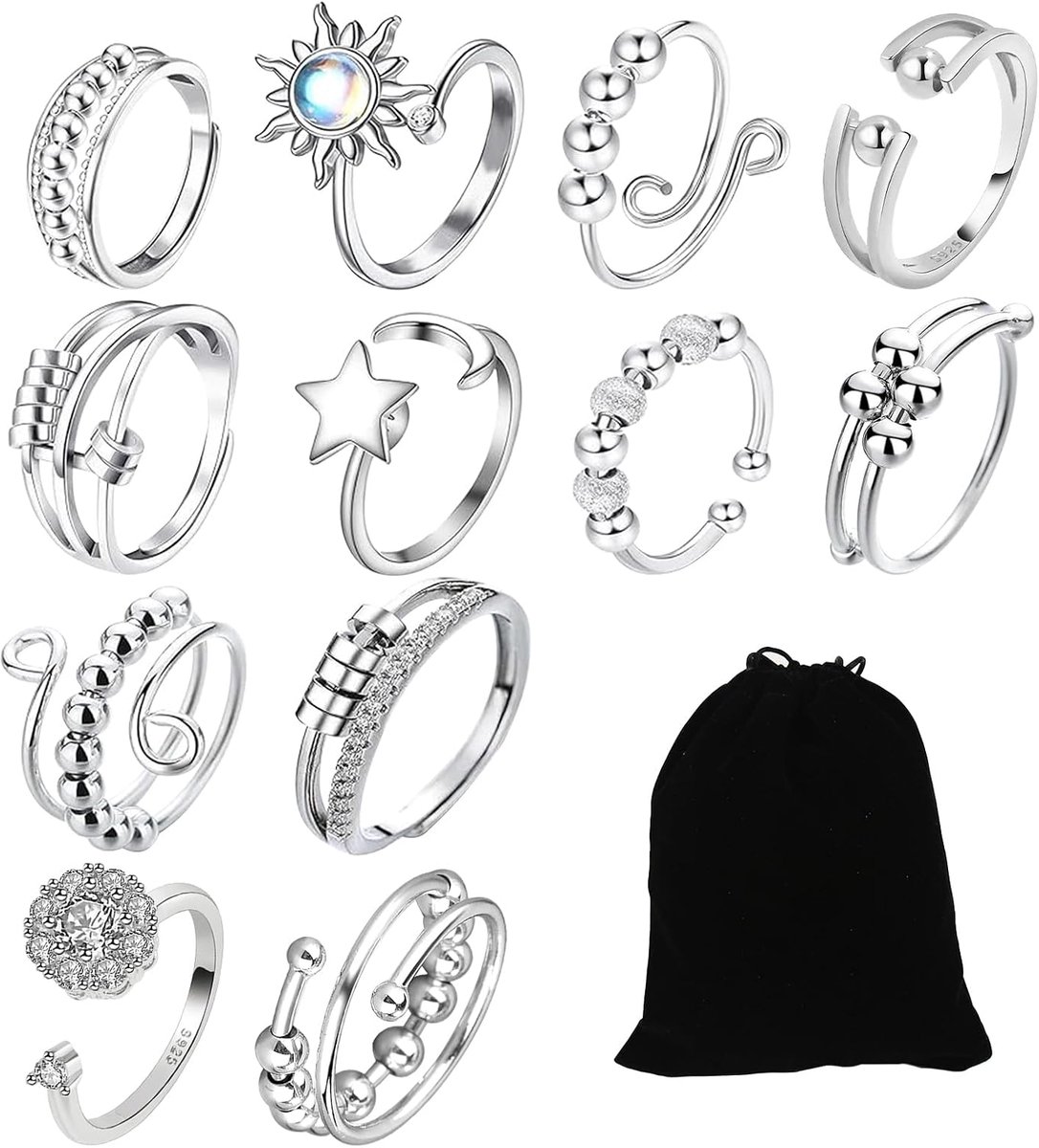 12 stuks anti-stress ring, verstelbare fidget-ring, angst voor drukontlasting, uniseks, met zwart fluwelen zakje