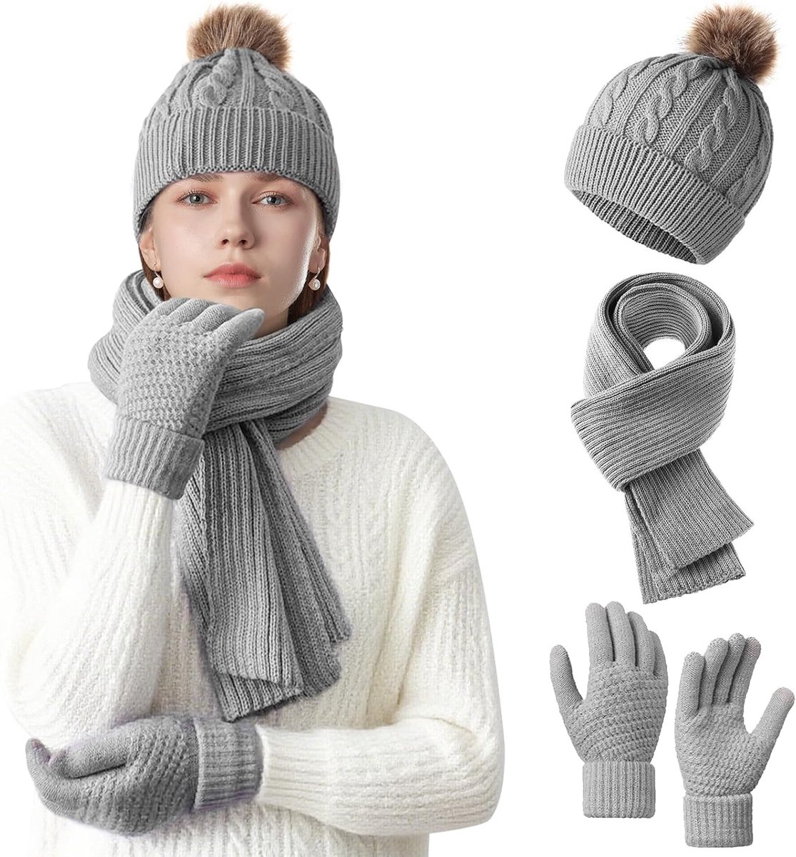 muts, sjaal en handschoen voor heren, touchscreen-handschoenen, sjaal, pet, 3-in-1 set, als cadeau in koud wintergrijs