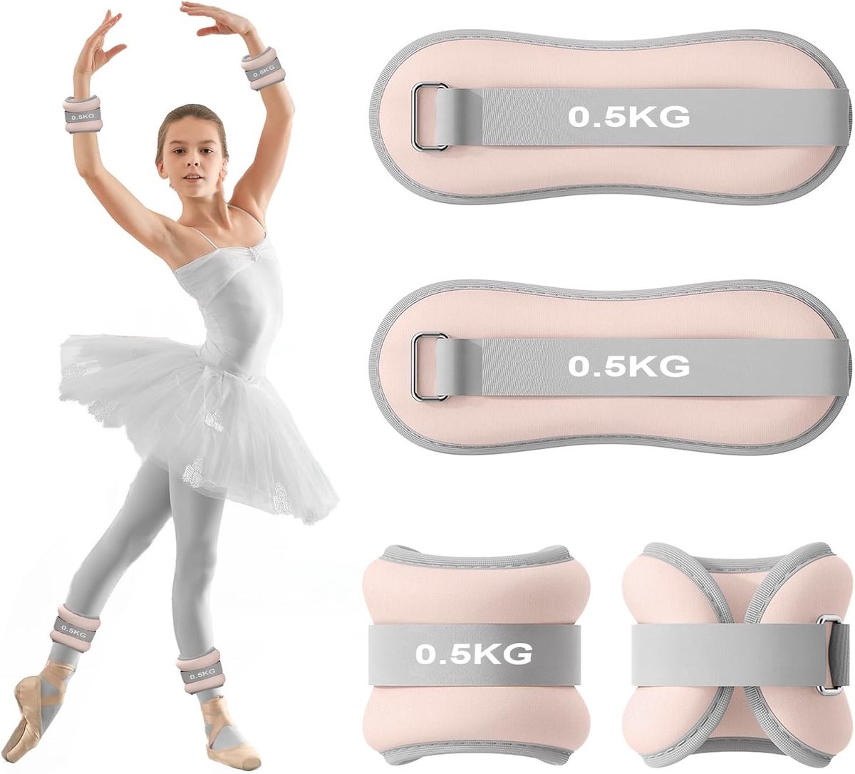 2 stuks gewichtsmanchetten, voet, gewichten voor benen en armen, enkelgewichten, polsgewichten, enkelgewichten voor pilates, yoga, wandelen, joggen, aerobics (0,5 kg, roze)
