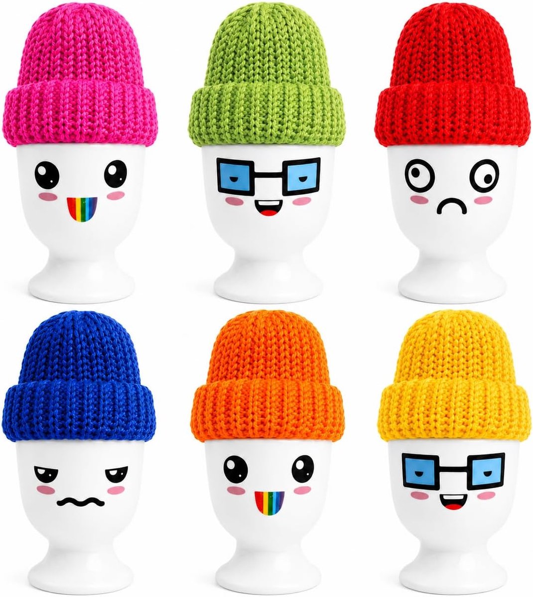 Set van 6 porseleinen eierdopjes met 6 kleurrijke eierwarmermutsen - vaatwasmachinebestendig, voor ontbijt en brunch (wit, Funny Faces 1)