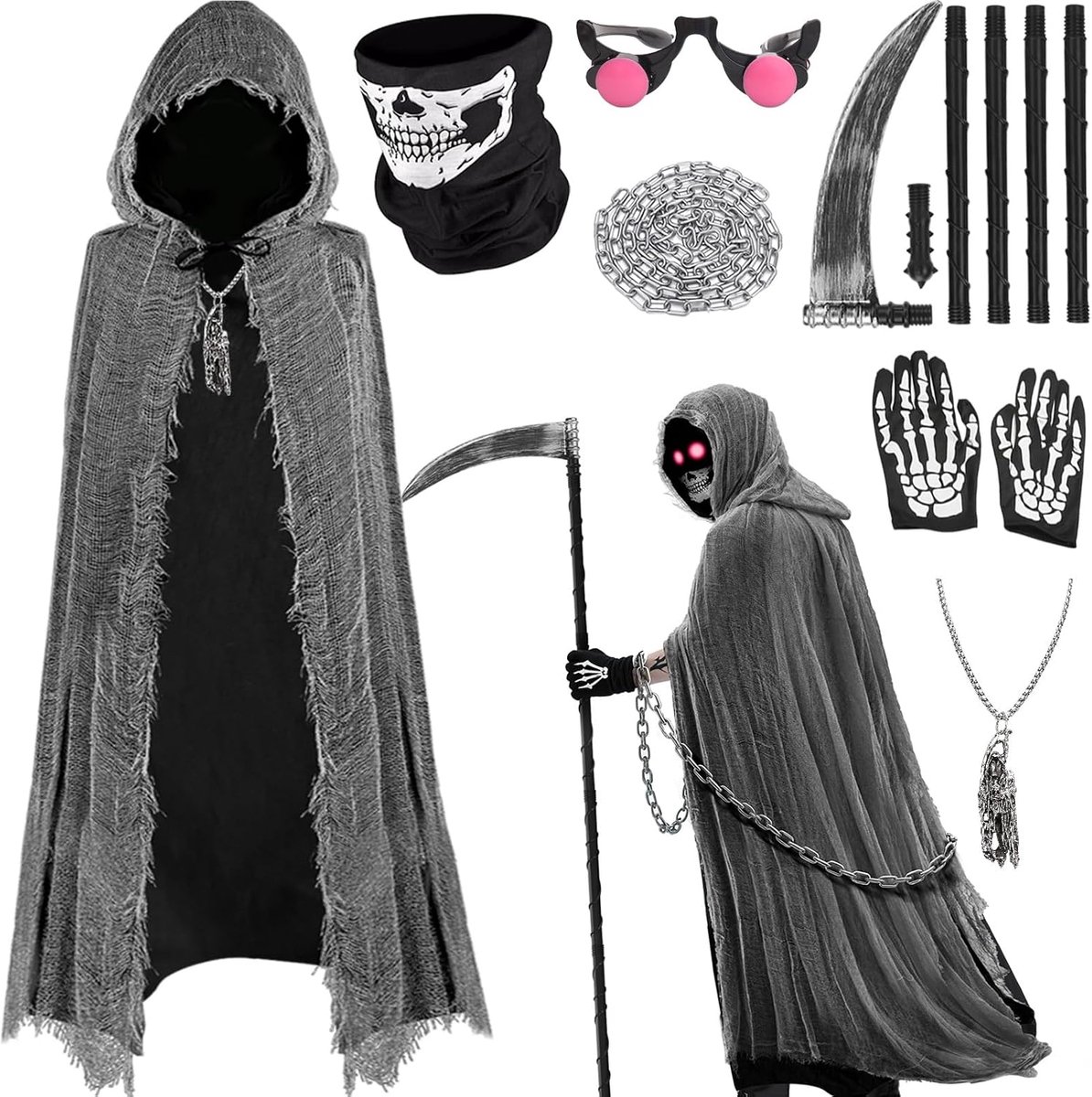 Hein kostuum set - 7-delig - Spookachtige Magere Hein cape met masker & zeis & ketting & rode bril & handschoenen,Halloween kostuum kinderen jongens Grim Reaper dood horror Magere Hein meisjes