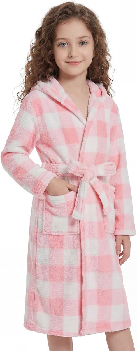 Badjas met capuchon voor kinderen, geruite badjas van koraal fleece, zachte flanellen fleece badjas voor jongens en meisjes van 4-14 jaar