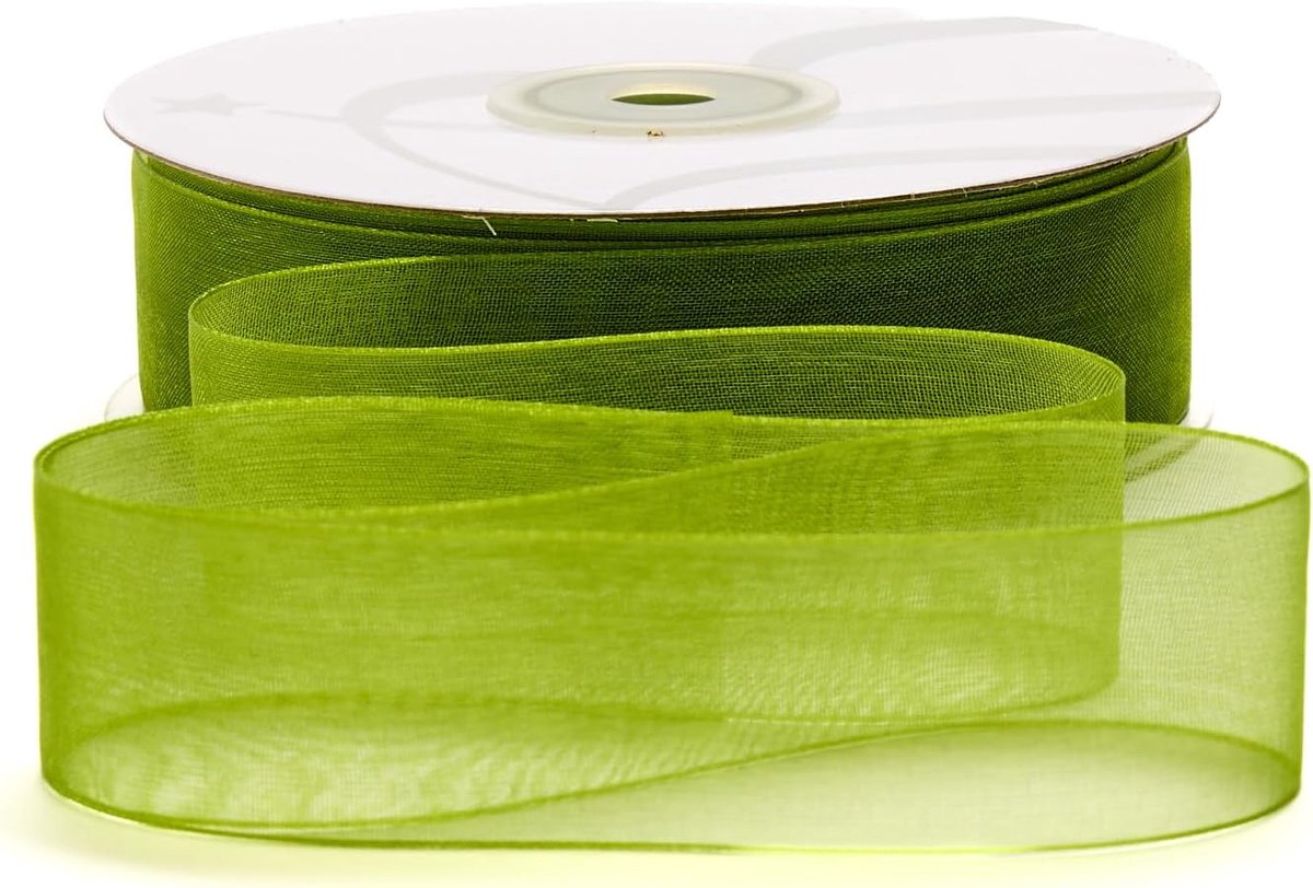 Organza lint 25 mm x 50 m, transparant, voor gastgeschenken, feesten, knutselen, bruiloft, verjaardag, handwerk, Kerstmis, decoratie (groen)