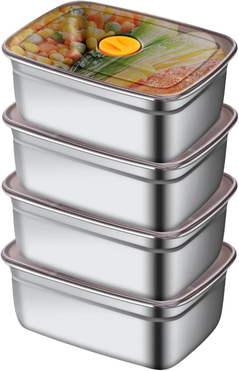 Set van 4 1200 ml roestvrijstalen vershouddozen met deksel, lekvrije voedselcontainer, snackbox met vakken, stapelbare lunchbox van roestvrij staal voor maaltijd, koelkast, vriezer onderweg