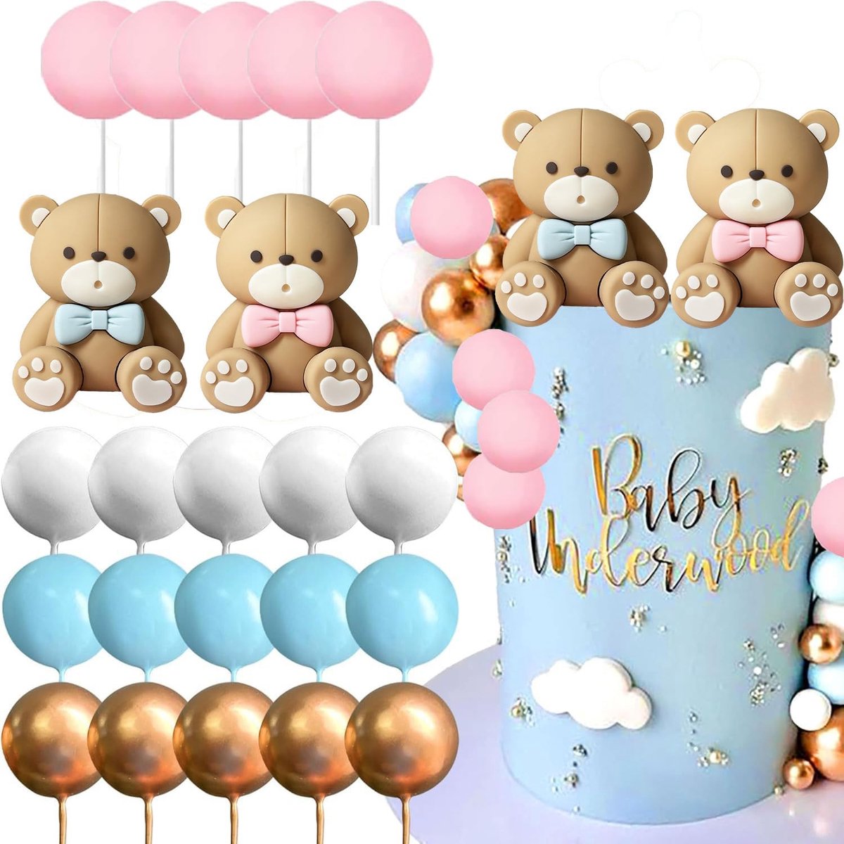Lot van 22 blauwe en roze beervormige taartdecoraties - Voor kinderverjaardagen - Voor babyshower, kinderverjaardag, feest, verjaardag - Accessoires voor verjaardagsdecoratie