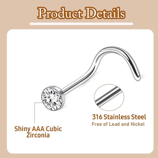 21-30 stuks, 20 g, 316L roestvrij staal, zilver/goud, schroef, straight, L-vorm, met zirkonia, nostril-piercing, sieraad voor vrouwen en mannen — afbeelding 2