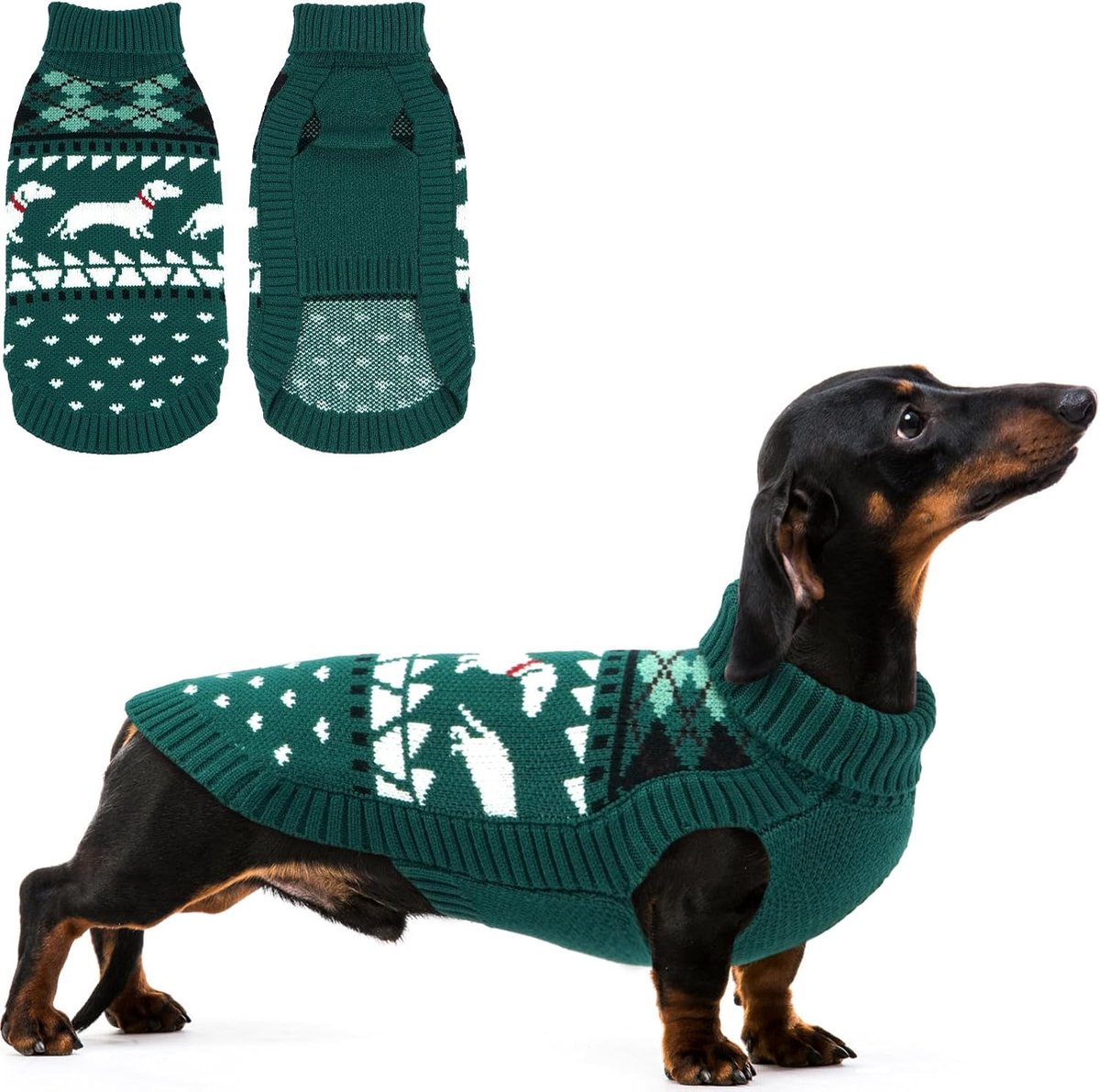 Hondentrui voor teckel, gebreide trui met teckelpatroon, warme hondentrui, rolkraag, wintertrui voor middelgrote honden, groen, M