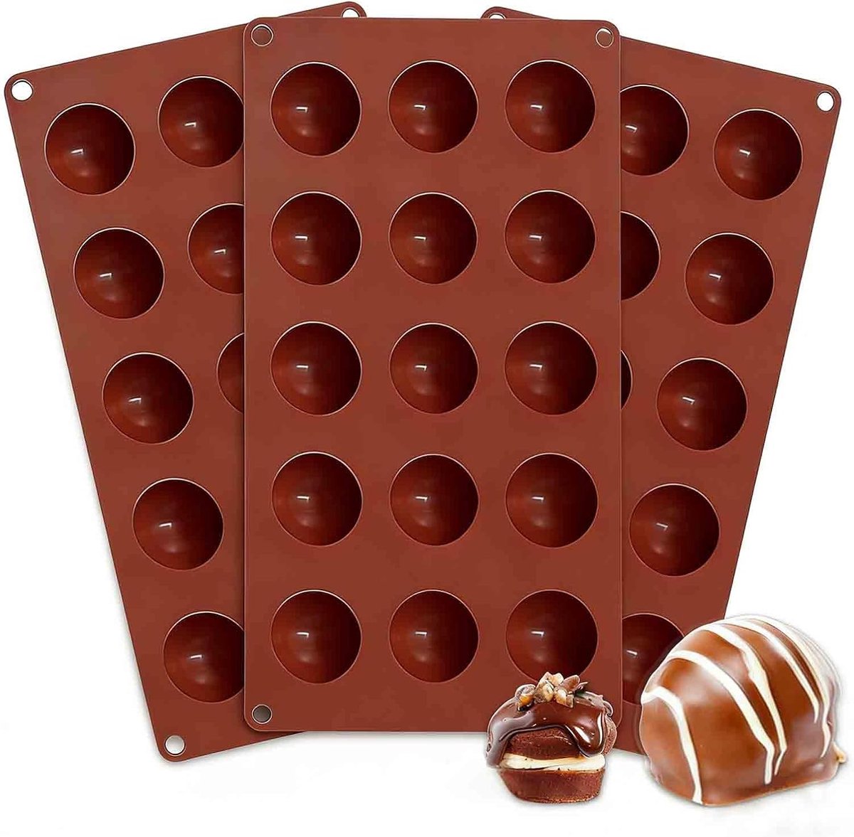 3 Stuks Halve Bol Siliconen Schimmel, Siliconen Bakvorm, voor Het Maken van Chocolade, Cake, Gelei, Koepelmousse (Bakstenen rood)
