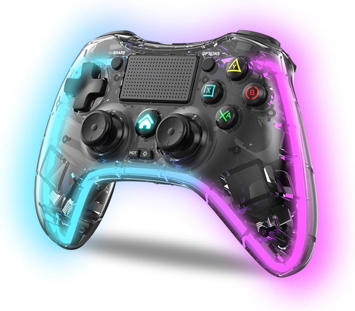 Controller voor PS4/PC/Android, draadloze controller met Dualshock, 6 assen, 2 Macro-toetsen, 7 led-lichtmodi, touchpad, hoofdtelefoonaansluiting, oplaadkabel inbegrepen, zwart transparant