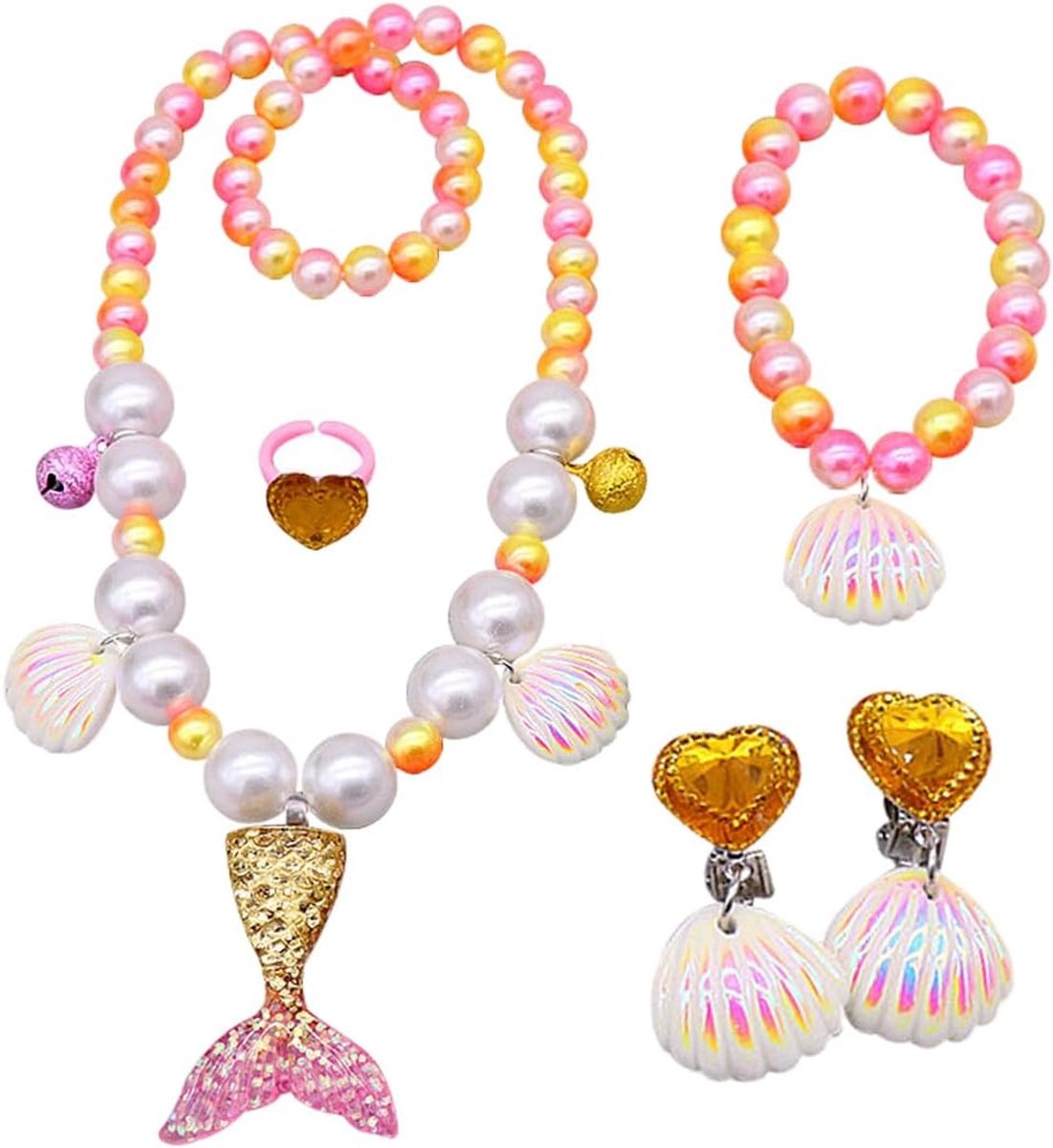 sieradenset van schelpparels, sieradenset, zeemeerminnenset, halsketting, armband, ring, oorbellen, verjaardagscadeaus