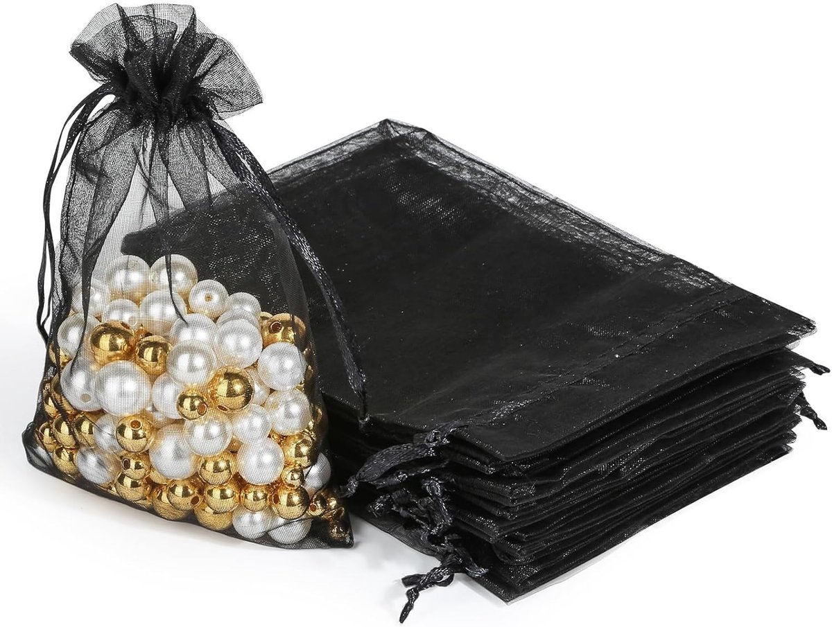 100 zwarte organzazakjes, 9 x 12 cm, kleine cadeauzakjes met trekkoord, voor snoep, bruiloftszakjes, sieraden, lavendel