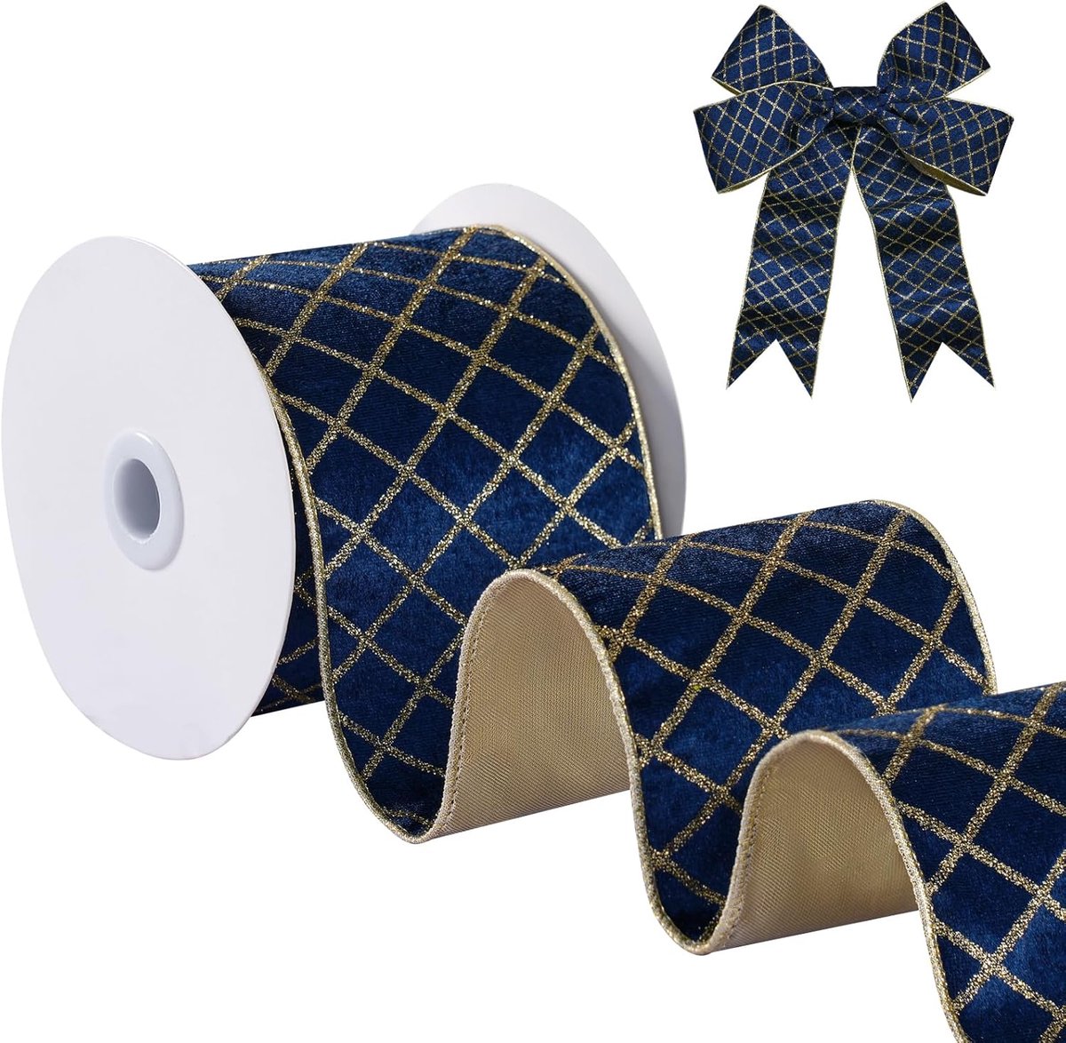 fluwelen lint 2-1/2 inch, marineblauw glitter diamantrooster en metallic fluwelen draadlint voor krans, kerstboom, geschenkverpakking, grote strikken, festivaldecoratie - continu 10
