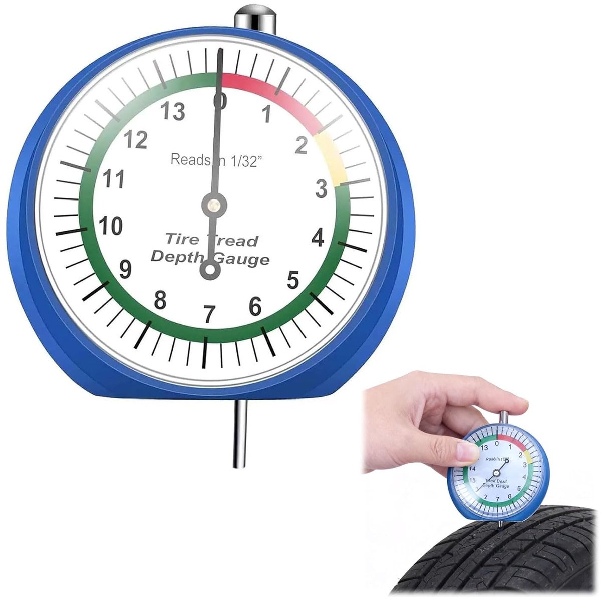 bandendieptemeter – nauwkeurige meting in millimeters voor motorfiets, auto, vrachtwagen en bus – design met wijzerplaat met kleurgecodeerde zones voor weersomstandigheden