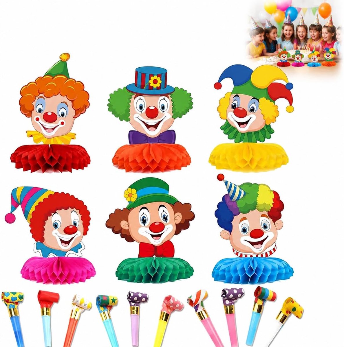 Honingraat Tafeldecoratie，Clown papieren beeldjes - Feestelijke tafeldecoratie - 6 stuks + 10 blaasslangen - 3D honingraatontwerp - Herbruikbaar