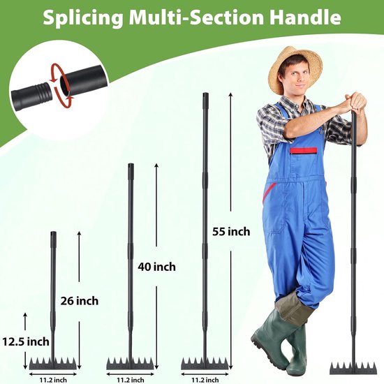 140 cm lange handgreep, 8 tanden, zware belasting, metalen koolstofstaal, tuinhark, onkruid, handhark, tuingereedschap, onkruidhak, voor het losmaken van wieden — afbeelding 3
