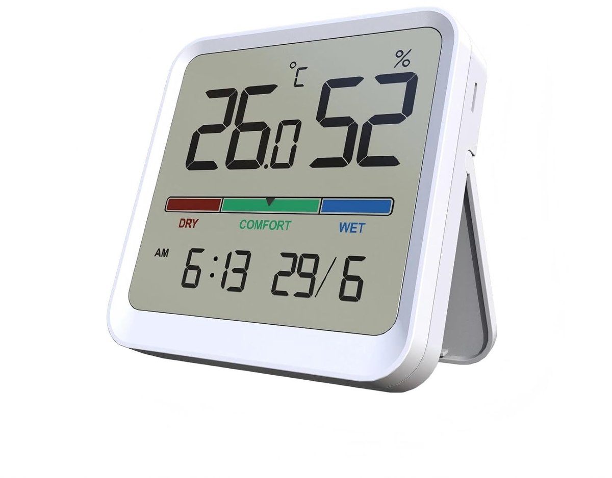 Hygrometer, thermometer voor binnen, nauwkeurige temperatuur, luchtvochtigheidsmeter met datum, tijdweergave, ± 1 °C ± 5% RH nauwkeurigheid, -10 °C ~ 50 °C / 10% ~ 95% RH bereik voor woonkamer