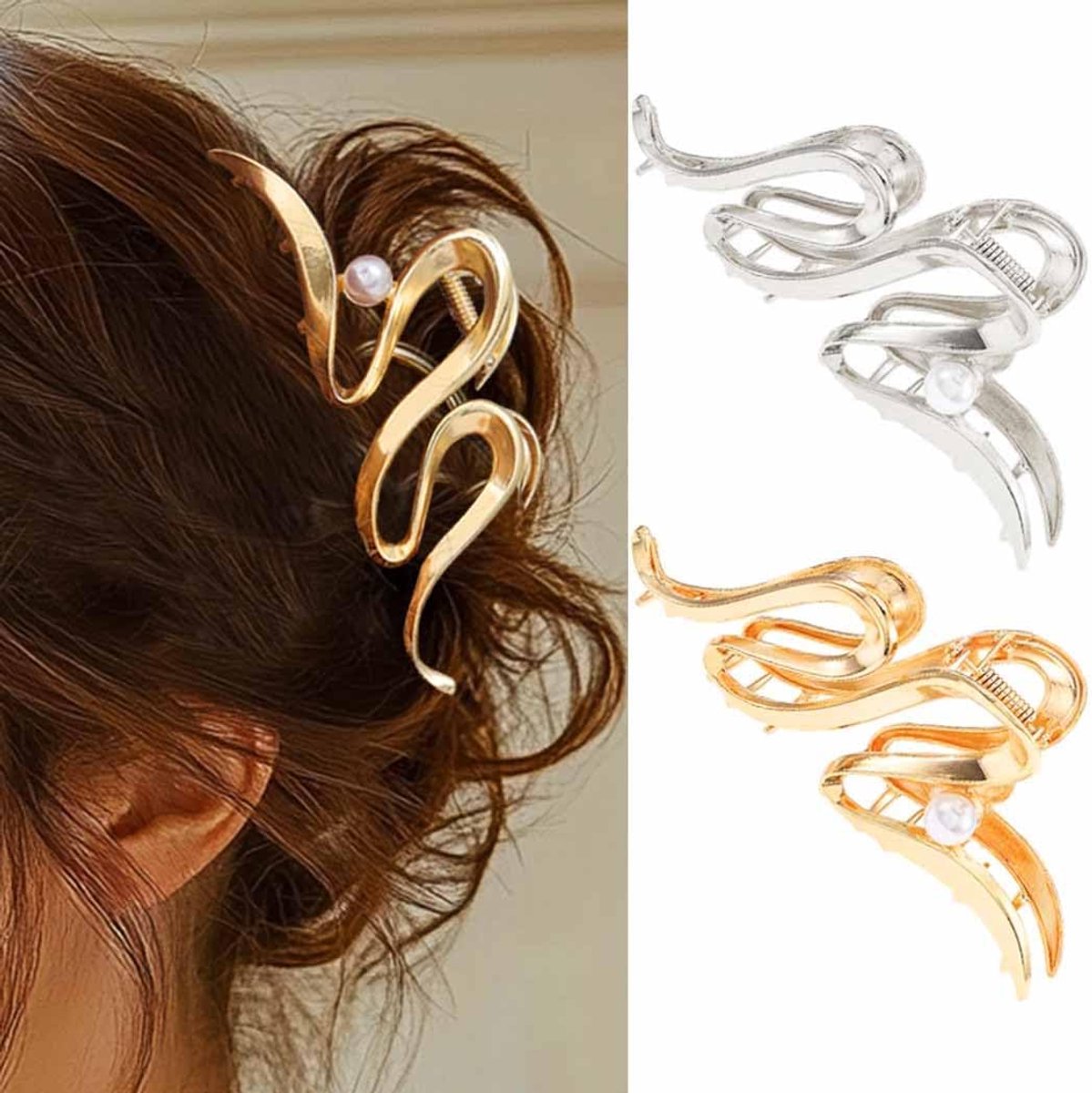Zilvergoud, funky haarclips, parels, haarspelden, metaal, funky haarklem, haarsieraad voor vrouwen (verpakking van 2) (zilver en goud)