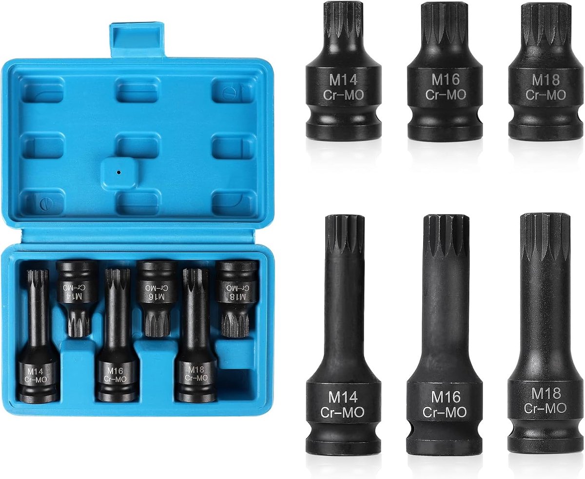 Set van 6 dopsleutels XZN Millerighe 1/2 inch, M14, M16, M18 XZN-dopsleutels voor slaggereedschap met box, Cr-Mo, lange en korte multitand steeksleutels