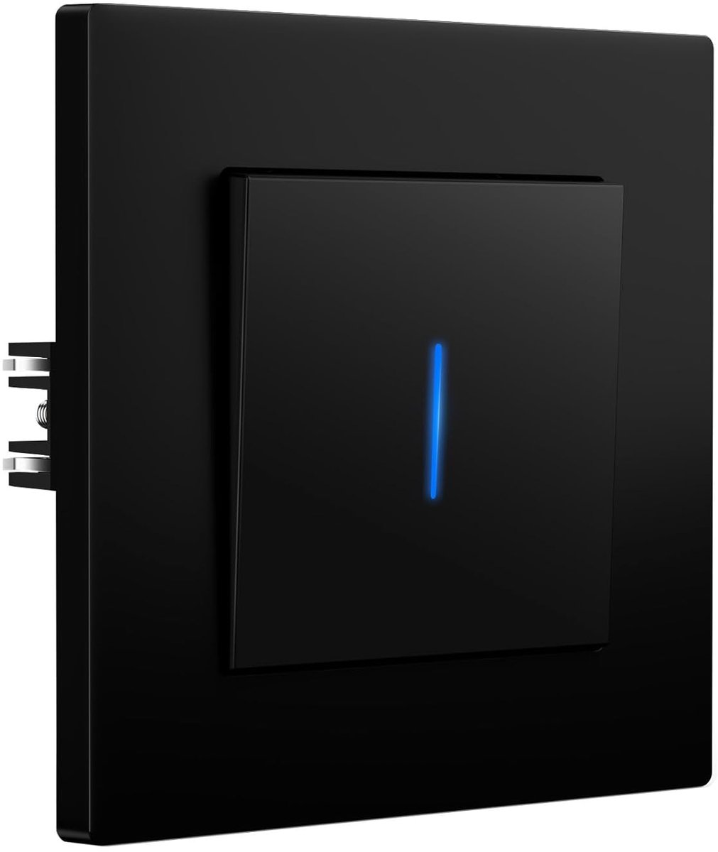 lichtschakelaar inbouw met klauwen, lichtschakelaar met LED controlelampje, 1-voudig 1-polig, wandschakelaar met matte PC-lijst, moderne schakelaar, 86 mm, zwart