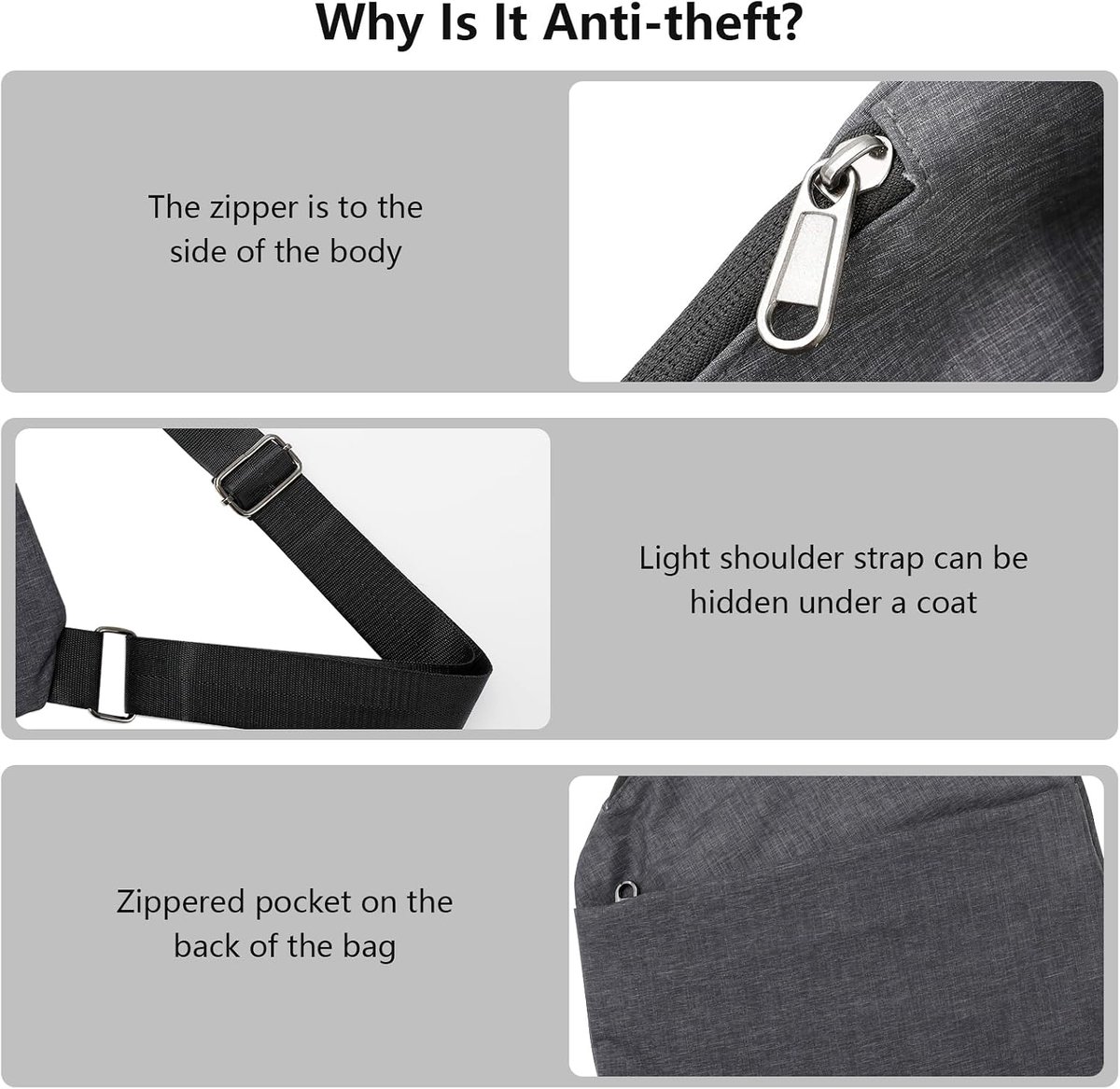 Anti-diefstal schoudertas, diefstalbestendige tas, borsttas, anti-diefstal sling bag, crossbody schoudertas voor heren en dames, klein, voor outdoor, reizen, wandelen, joggen, grijs