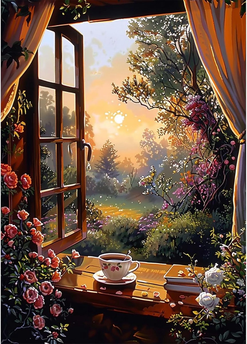 5D Diamond Painting complete set, uitzicht vanuit het raam, zonsondergang, doe-het-zelf diamantschilderij, volwassenen, strass-borduurwerk, kruissteek, schilderij voor woondecoratie, 30 x 40